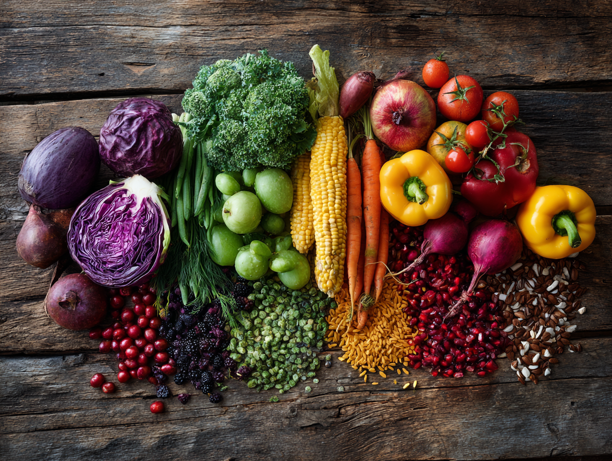 Різноманітні свіжі продукти, овочі та фрукти для збалансованого харчування